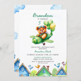 Invitación Watercolor Green Balloons Airplane 5º cumpleaños