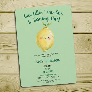 Invitación Watercolor Green Cute Lemon First Birthday