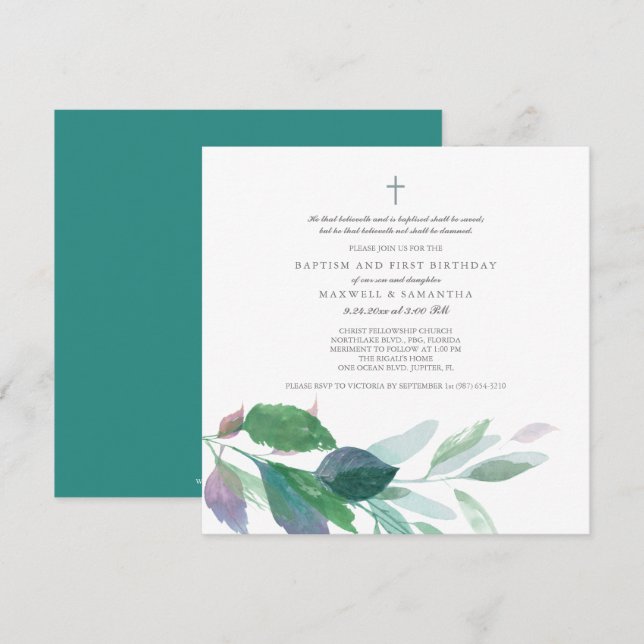 Invitación Watercolor Green deja bautismo a gemelos (Anverso / Reverso)