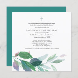 Invitación Watercolor Green deja bautismo a gemelos