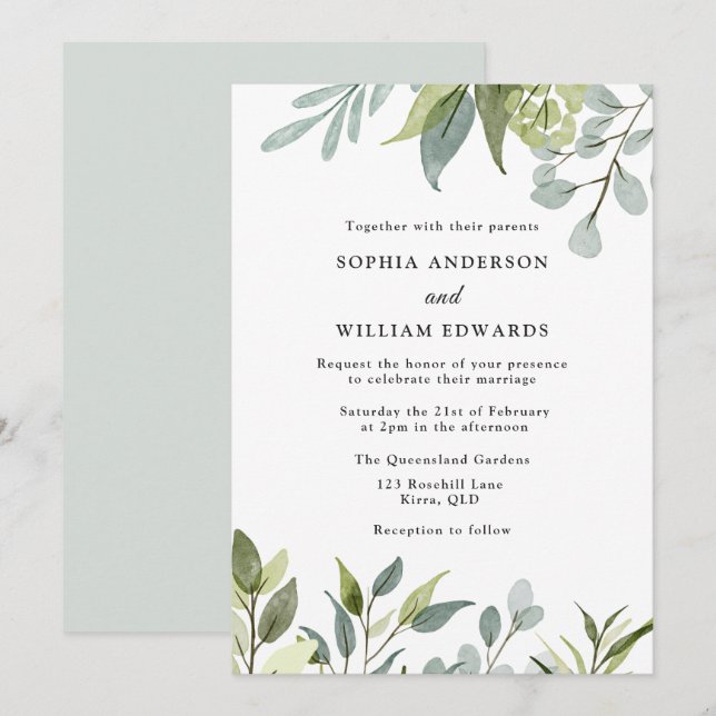 Invitación Watercolor Green deja Boda moderno (Anverso / Reverso)