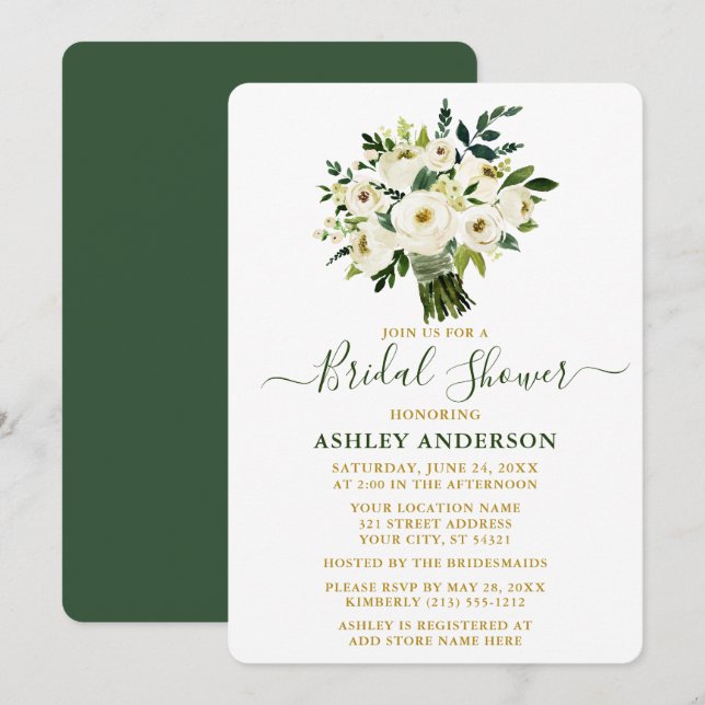 Invitación Watercolor Green Floral Gold Shower (Anverso / Reverso)
