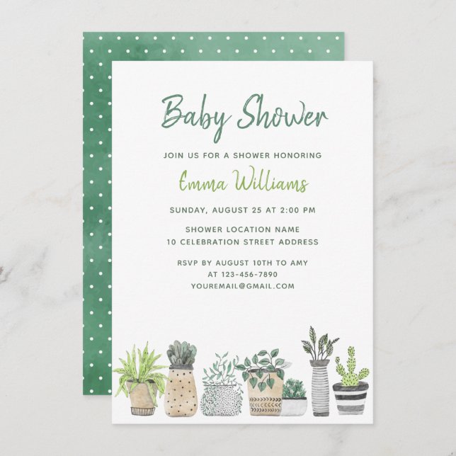 Invitación Watercolor Green Garden Plants Floral Baby Shower (Anverso / Reverso)