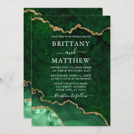 Invitación Watercolor Green Gold Marble Geode Agode Boda