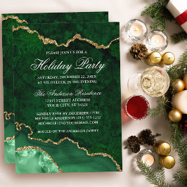 Invitación Watercolor Green Gold Marble Geode Holiday