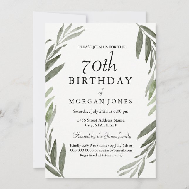 Invitación Watercolor Green Leaf 70th Birthday Invitation (Anverso)