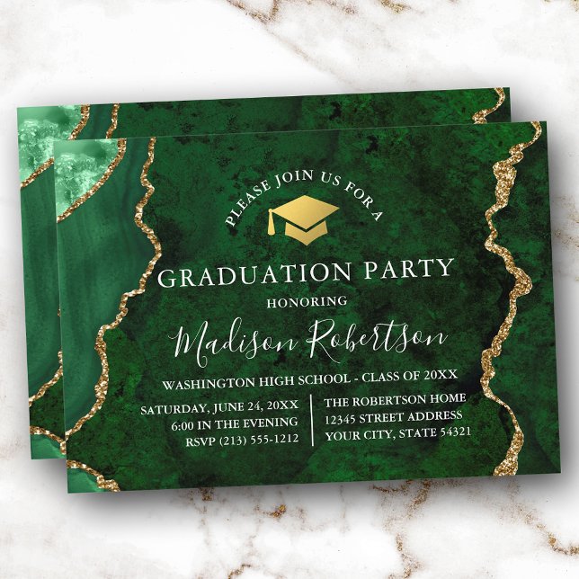 Invitación Watercolor Green Marble Gold Cap Fiesta (Customize to add text or a photo to back of card.)
