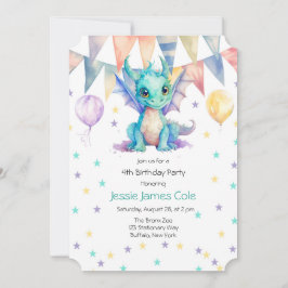 Invitación Watercolor Green Purple Dragon Boy Birday Party