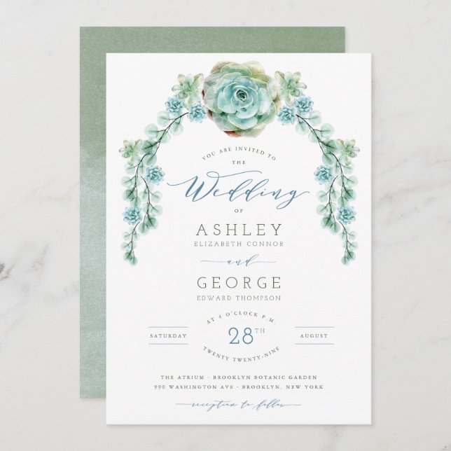 Invitación Watercolor Green Succulents Summer Garden Wedding (Anverso / Reverso)