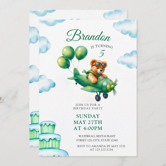 Invitación Watercolor Green Teddy Bear Airplane 5 Cumpleaños (Anverso / Reverso)