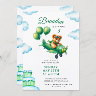 Invitación Watercolor Green Teddy Bear Airplane 5 Cumpleaños