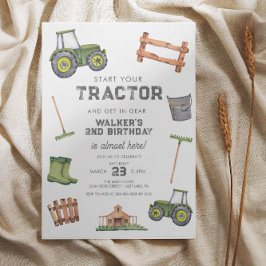 Invitación Watercolor Green Tractor 2º cumpleaños
