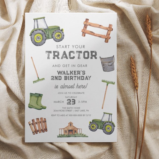 Invitación Watercolor Green Tractor 2º cumpleaños (Subido por el creador)