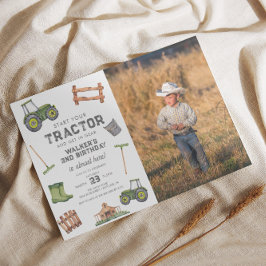 Invitación Watercolor Green Tractor Foto Segundo cumpleaños