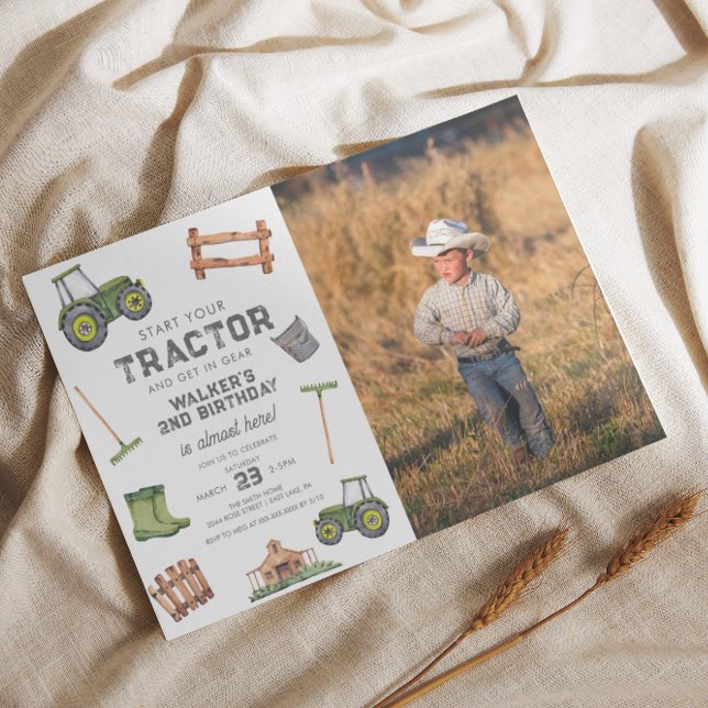 Invitación Watercolor Green Tractor Foto Segundo cumpleaños (Subido por el creador)