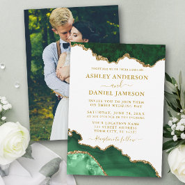 Invitación Watercolor Green White Gold Marble Photo Wedding