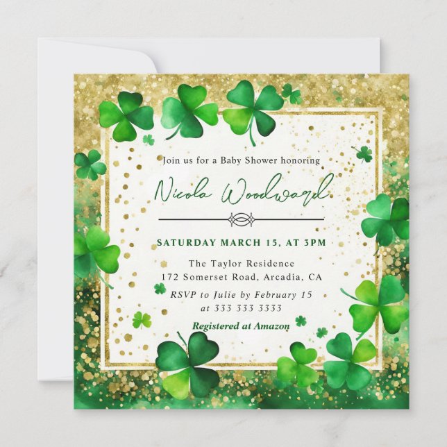 Invitación Watercolor Green y Gold St Patrick's Baby Shower (Anverso)