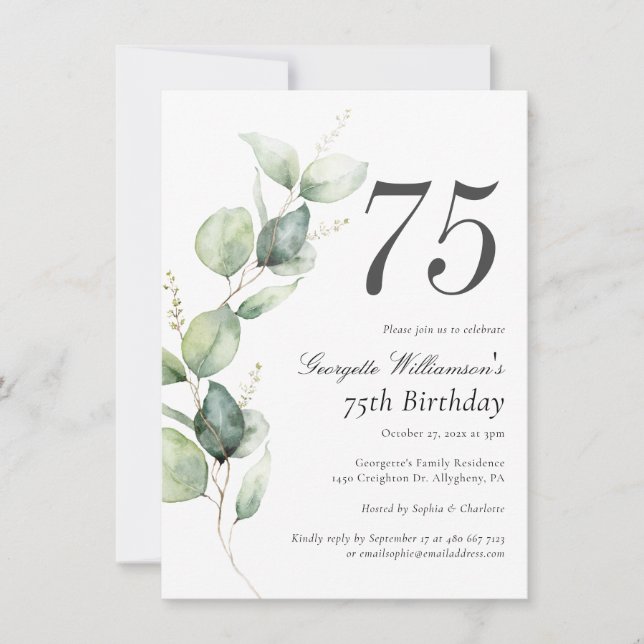 Invitación Watercolor Greenery 75th Birthday Script (Anverso)