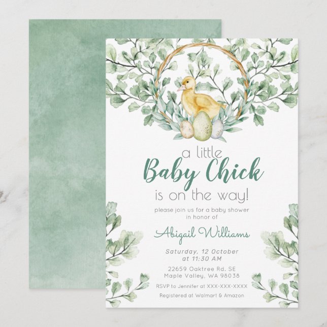 Invitación Watercolor Greenery Baby Chick Baby Shower (Anverso / Reverso)