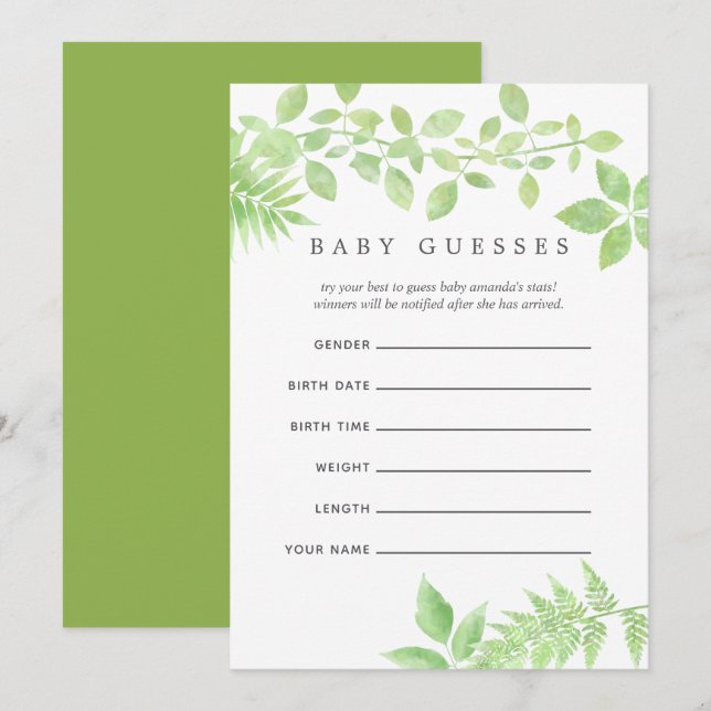 Invitación Watercolor Greenery Baby Shower Baby Guesses (Anverso / Reverso)