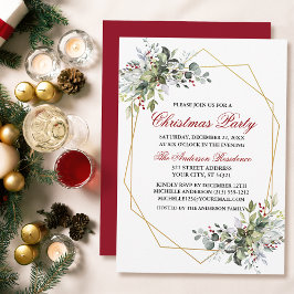 Invitación Watercolor Greenery Berries Navidades Fiesta Red