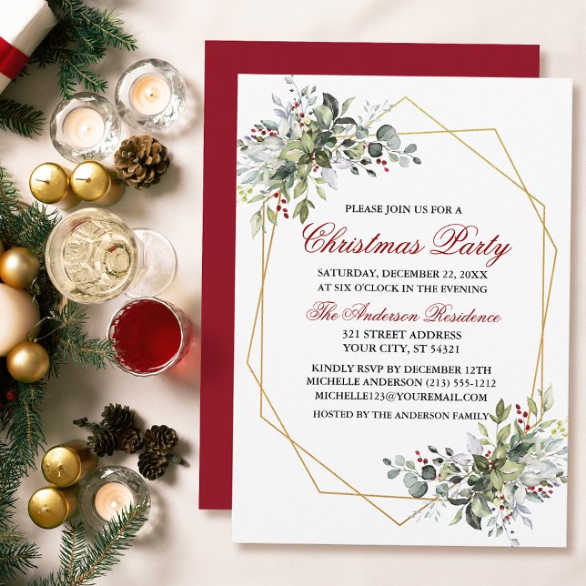 Invitación Watercolor Greenery Berries Navidades Fiesta Red (Customize to change text color, size, style or to change color of back of card.)