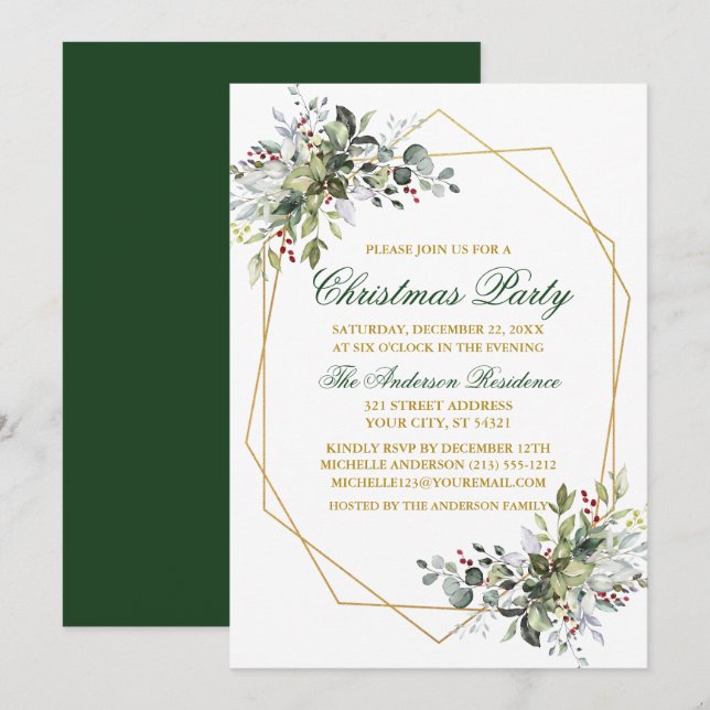 Invitación Watercolor Greenery Berries Navidades Green Gold (Anverso / Reverso)