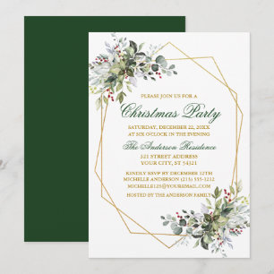 Invitación Watercolor Greenery Berries Navidades Green Gold