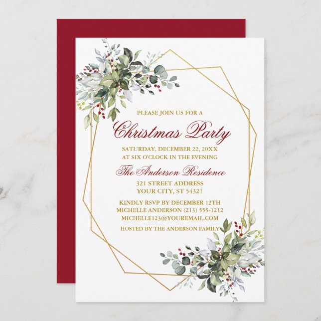 Invitación Watercolor Greenery Berries Navidades Red Gold (Anverso / Reverso)
