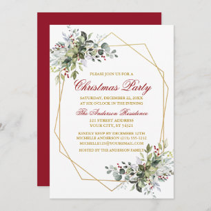 Invitación Watercolor Greenery Berries Navidades Red Gold