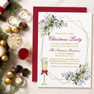 Invitación Watercolor Greenery Berries Navidades Rojo de oro