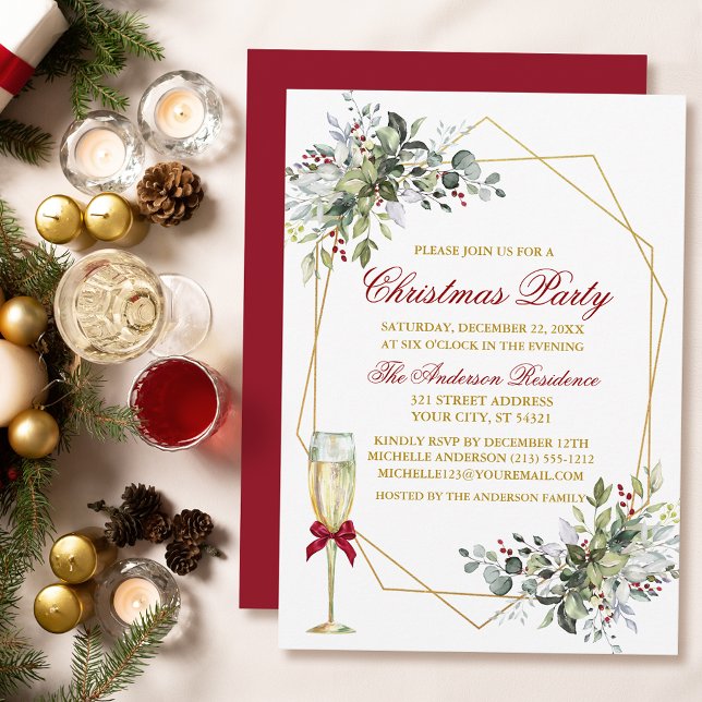 Invitación Watercolor Greenery Berries Navidades Rojo de oro (Customize to change text color, size, style or to change color of back of card.)