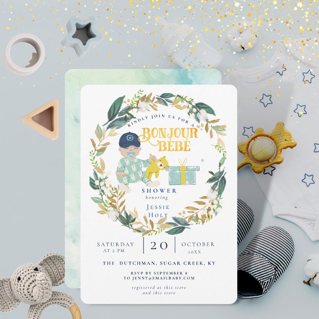 Invitación Watercolor Greenery Bonjour Boy Baby Shower (Cute Baby Boy Shower with 'Bonjour Baby' theme. Baseball cap and foliage wreath details.)
