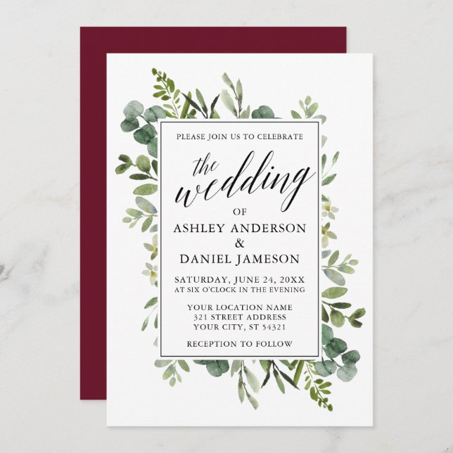 Invitación Watercolor Greenery Calligraphy Boda Burgundy (Anverso / Reverso)