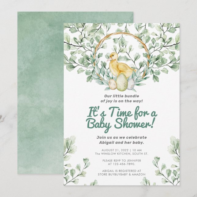 Invitación Watercolor Greenery Chick & Nest Baby Shower (Anverso / Reverso)