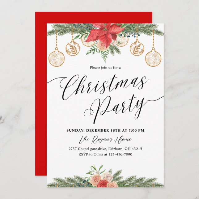 Invitación Watercolor Greenery Christmas Party  (Anverso / Reverso)