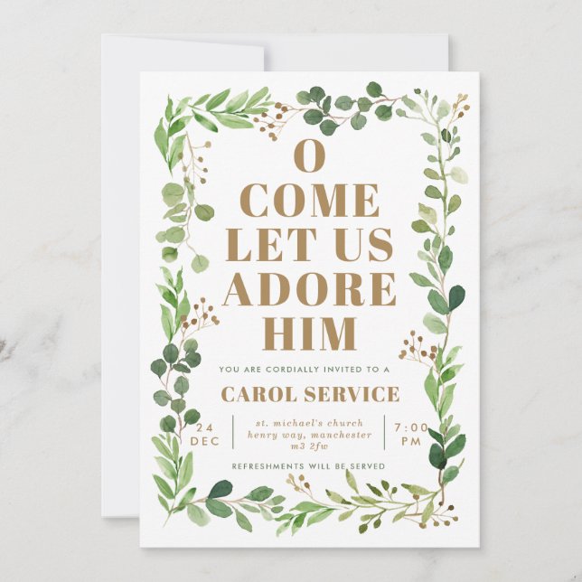 Invitación Watercolor Greenery Church Navidades Carol Service (Anverso)