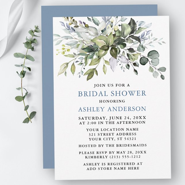 Invitación Watercolor Greenery Dusty Blue Bridal Shower (Customize to change text color, text style or color of back of card.)