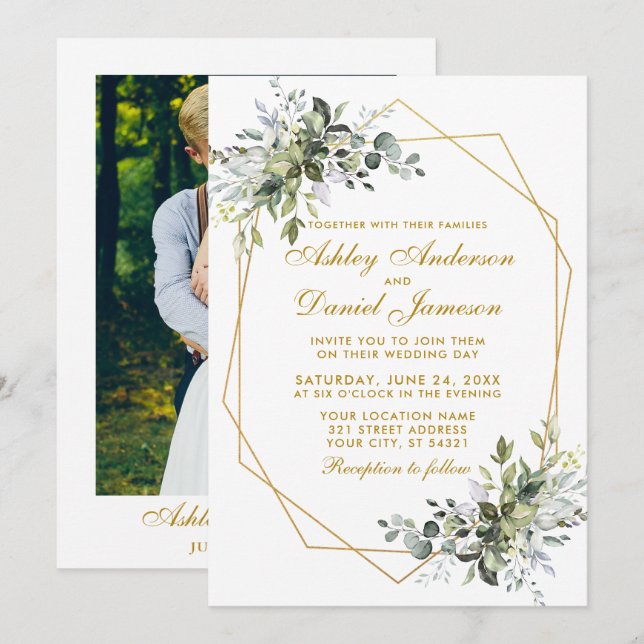Invitación Watercolor Greenery Geo Frame Photo Gold Boda (Anverso / Reverso)