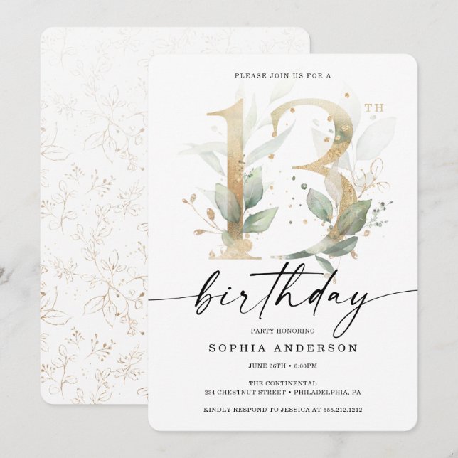Invitación Watercolor Greenery Gold 13th Birthday Party (Anverso / Reverso)