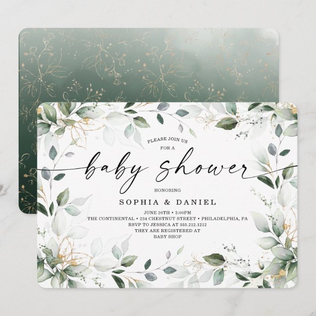 Invitación Watercolor Greenery Gold Baby Shower (Anverso / Reverso)