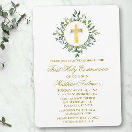 Invitación Watercolor Greenery Gold Cross Primera Comunión