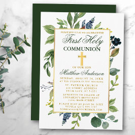 Invitación Watercolor Greenery Gold First Holy Communia