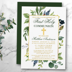 Invitación Watercolor Greenery Gold First Holy Communia
