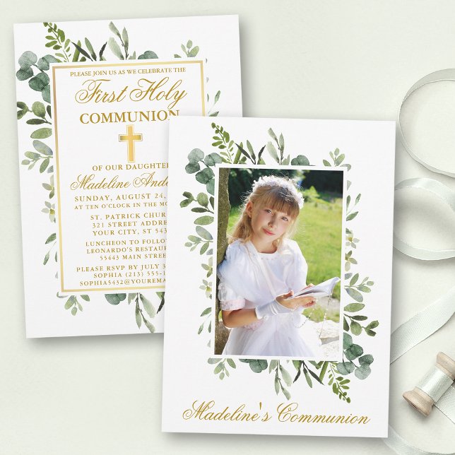 Invitación Watercolor Greenery Gold Fotografía de primera com (Customize to change text color, size or style.)