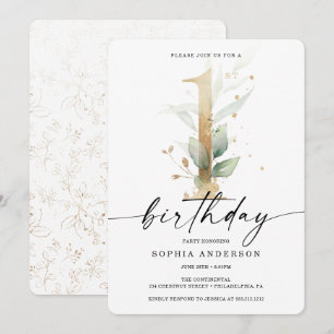 Invitación Watercolor Greenery Gold Primer Cumpleaños Invita