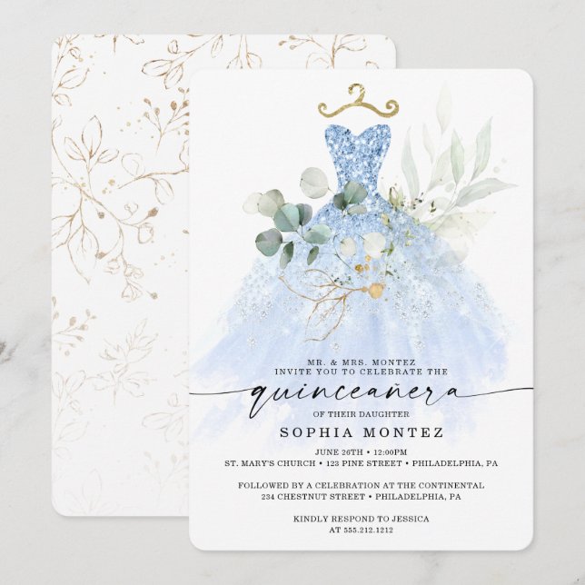 Invitación Watercolor Greenery Gold Quinceañera Birthday Invi (Anverso / Reverso)