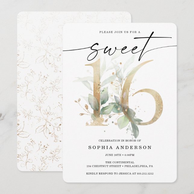 Invitación Watercolor Greenery Gold Sweet 16 cumpleaños (Anverso / Reverso)