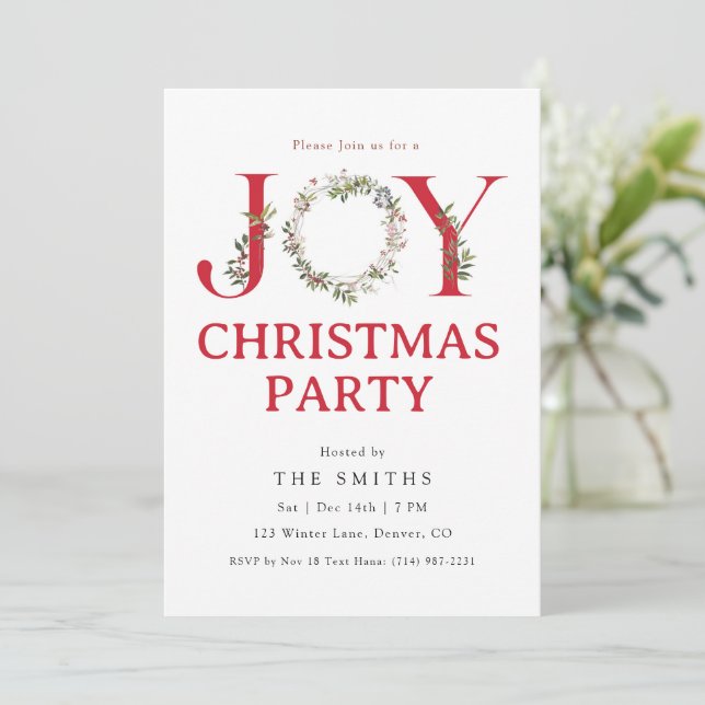 Invitación Watercolor Greenery JOY Christmas Party Invitation (Anverso de pie)