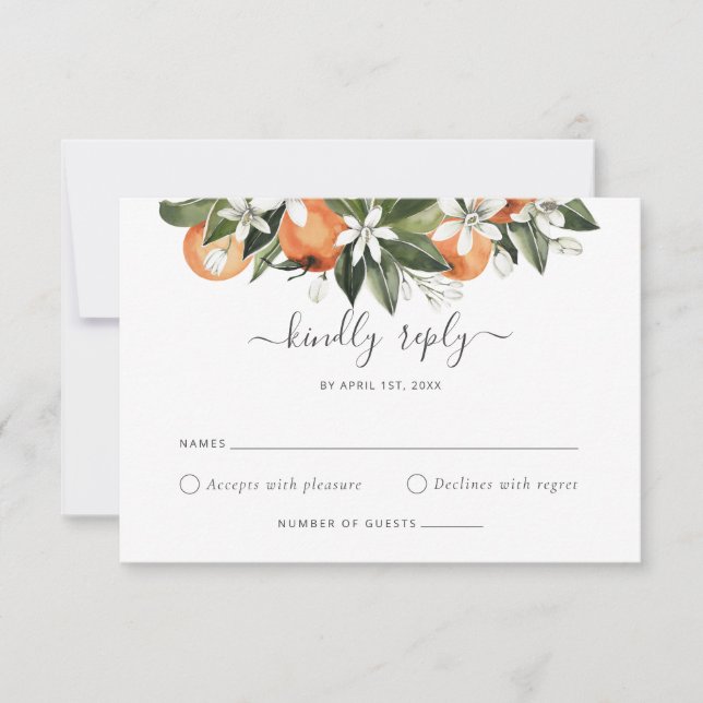 Invitación Watercolor Greenery Naranja Blossom Wedding RSVP (Anverso)